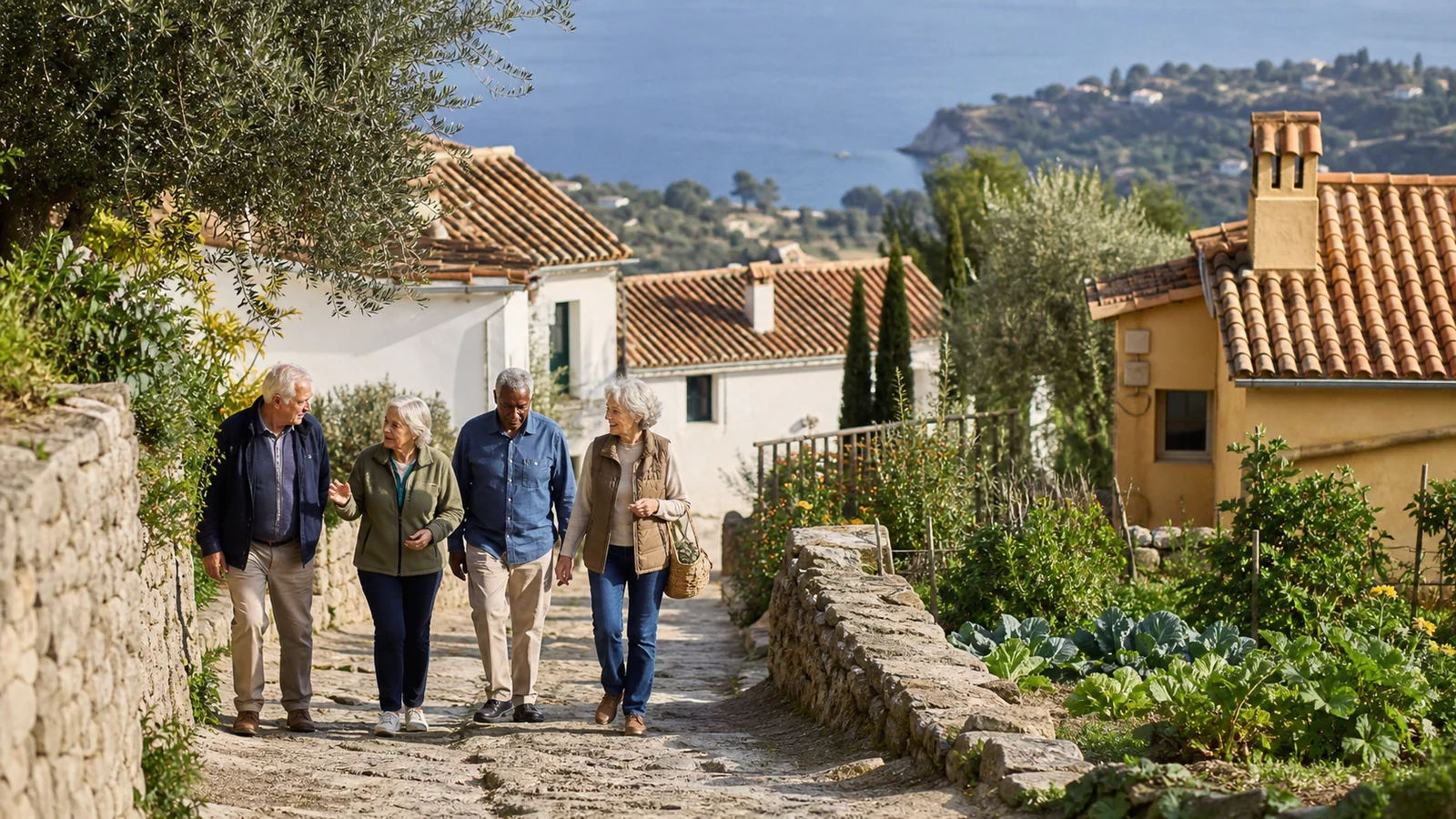 Older adults walking together in a Mediterranean village surrounded by nature