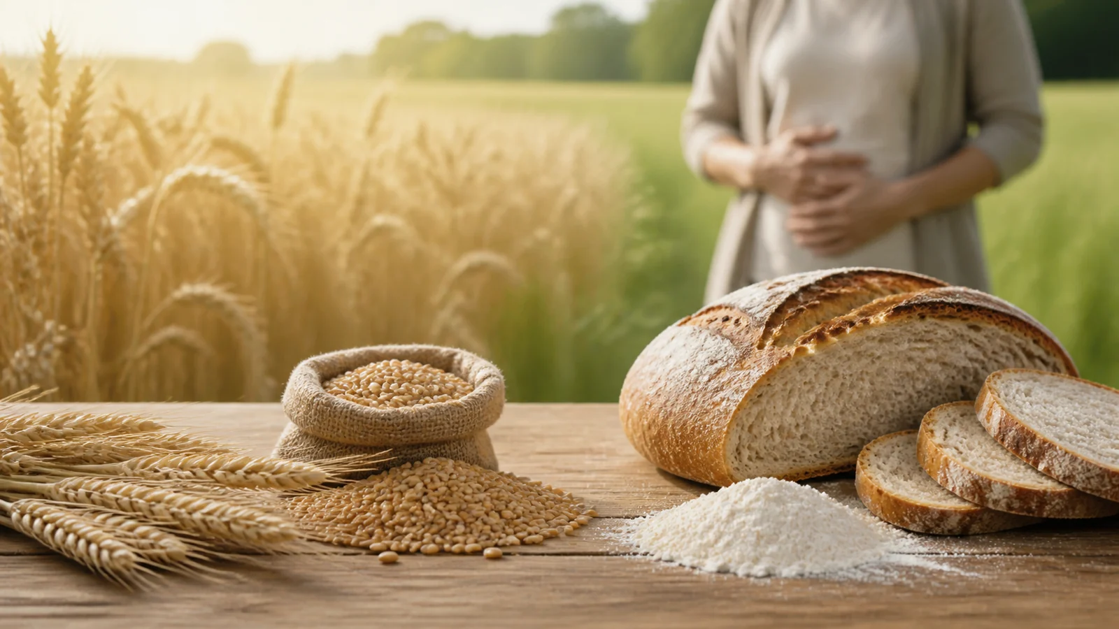 A wheat field, grain, flour and bread beside a person holding their abdomen